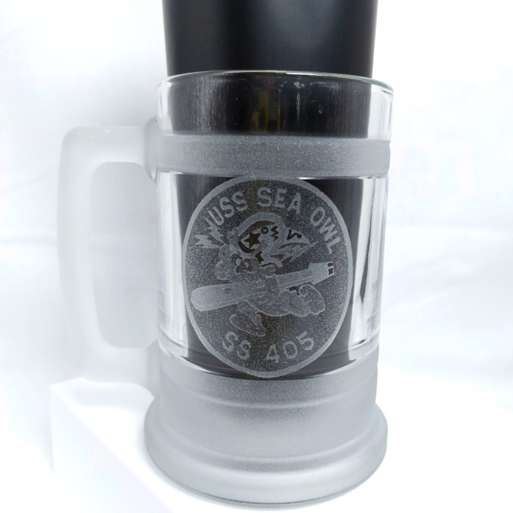 USS Sea Owl SS 405 Clear Etched Glass‎ Beer Stein Mug Military Submarine EUC